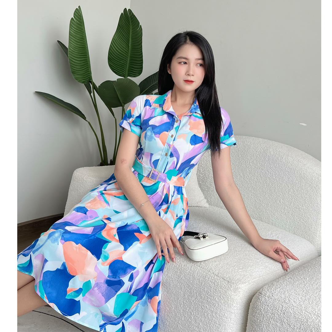 Ladyfashion - Đầm cổ sơ mi họa tiết lập thể sang trọng D085 Khánh Linh Style