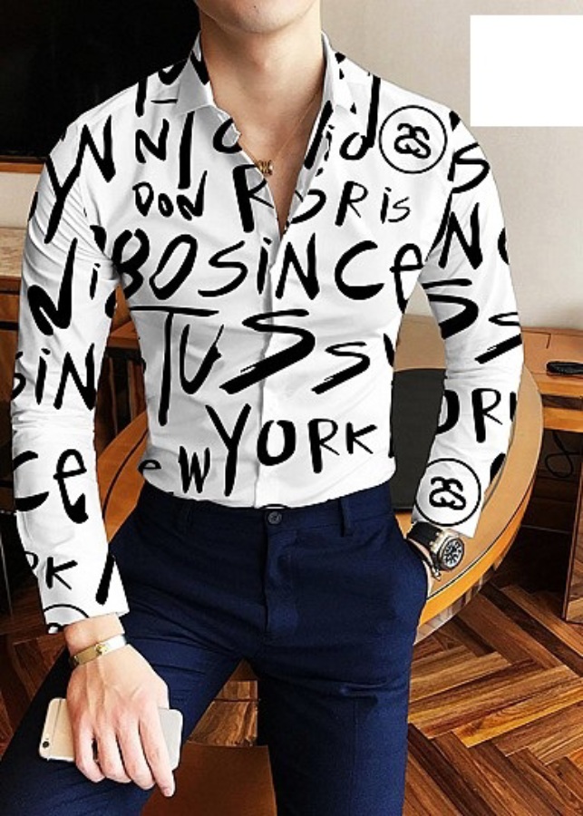 Áo sơ mi nam tay dài họa tiết chữ in đậm