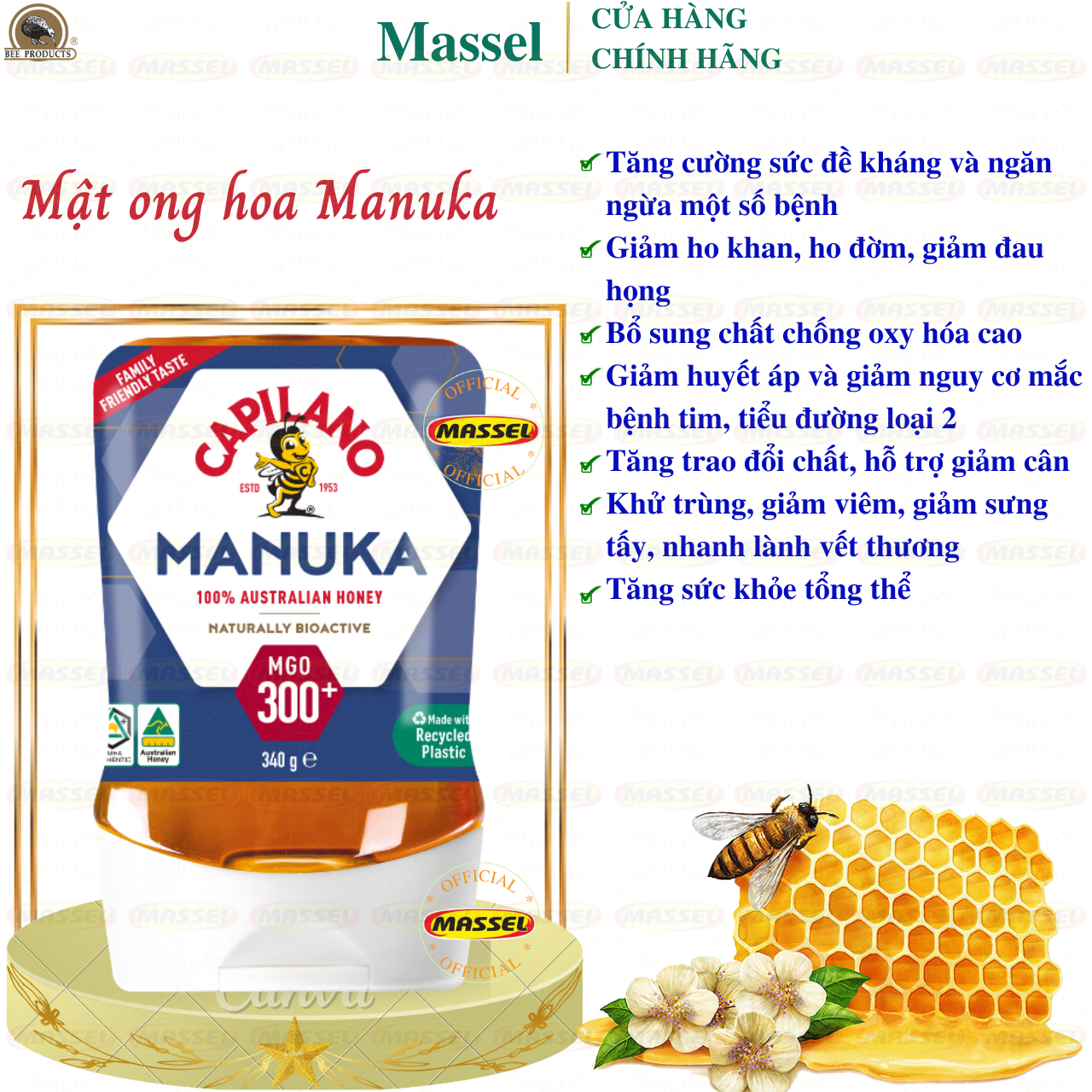 Mật ong hoa Manuka Capilano Honey MGO 300+ tăng sức đề kháng, giảm ho, viên họng, dưỡng ẩm da và môi cang bóng mịn màng - Massel Official (340g)