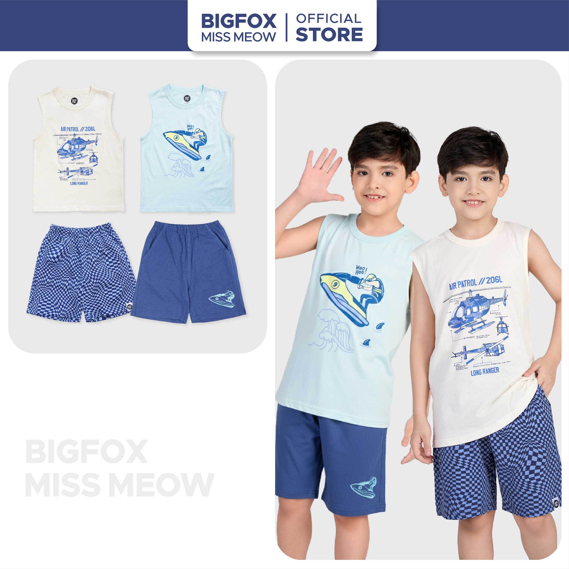 Bộ ba lỗ sát nách cho bé trai Bigfox Miss Meow mặc nhà mùa hè vải cotton size đại trẻ em 3-11 tuổi