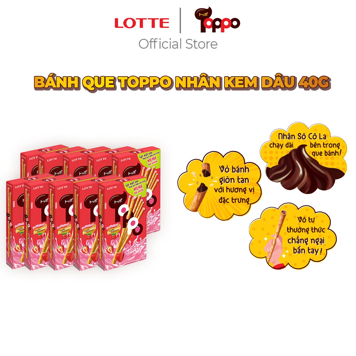 Combo 10 hộp Bánh que Toppo nhân kem dâu 40 g