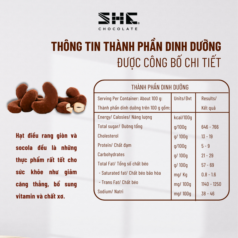 Socola Hạt điều Tiramisu - Túi 50g - SHE Chocolate - Tốt cho sức khỏe - Quà tặng người thân, dịp lễ, thích hợp ăn vặt