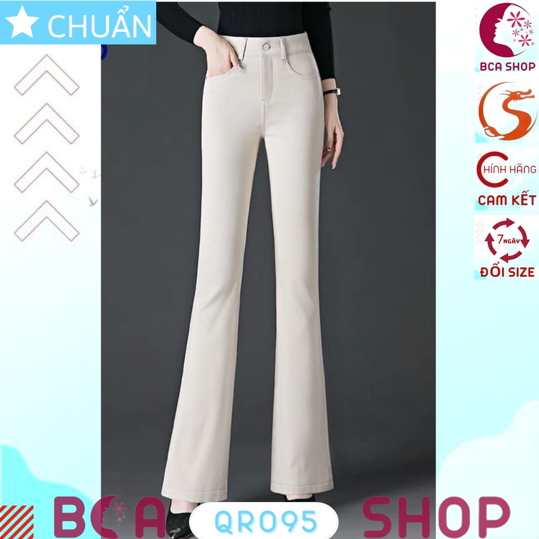 Quần jean nữ ống loe QRO95 ROSATA tại BCASHOP dáng dài thêu hoa, lưng cao 1 nút, phom chuẩn, chất liệu jean - kem