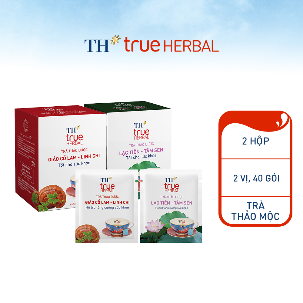 Bộ 2 hộp Trà thảo dược Giảo cổ lam – Linh chi &amp; Trà Lạc tiên – Tâm sen TH True Herbal (40 gói)