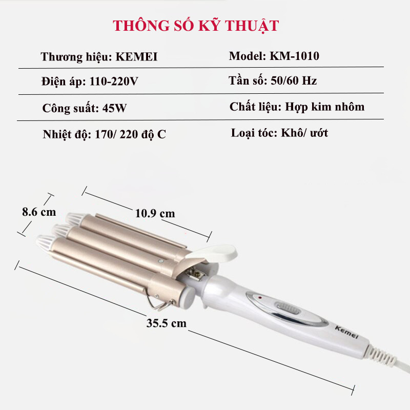 Máy uốn tóc chuyên nghiệp Kemei KM-1010 có mức điều chỉnh nhiệt độ dùng để uốn cong, uốn xoăn, uốn phồng chân tóc tiện lợi