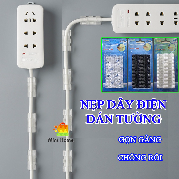 Kẹp Dây Điện Dán Tường Treo Giữ Cố Định Cáp Sạc Thông Minh, Bộ Nẹp Đi Dây Điện Lớn Vỉ 16 Cái Có Keo 