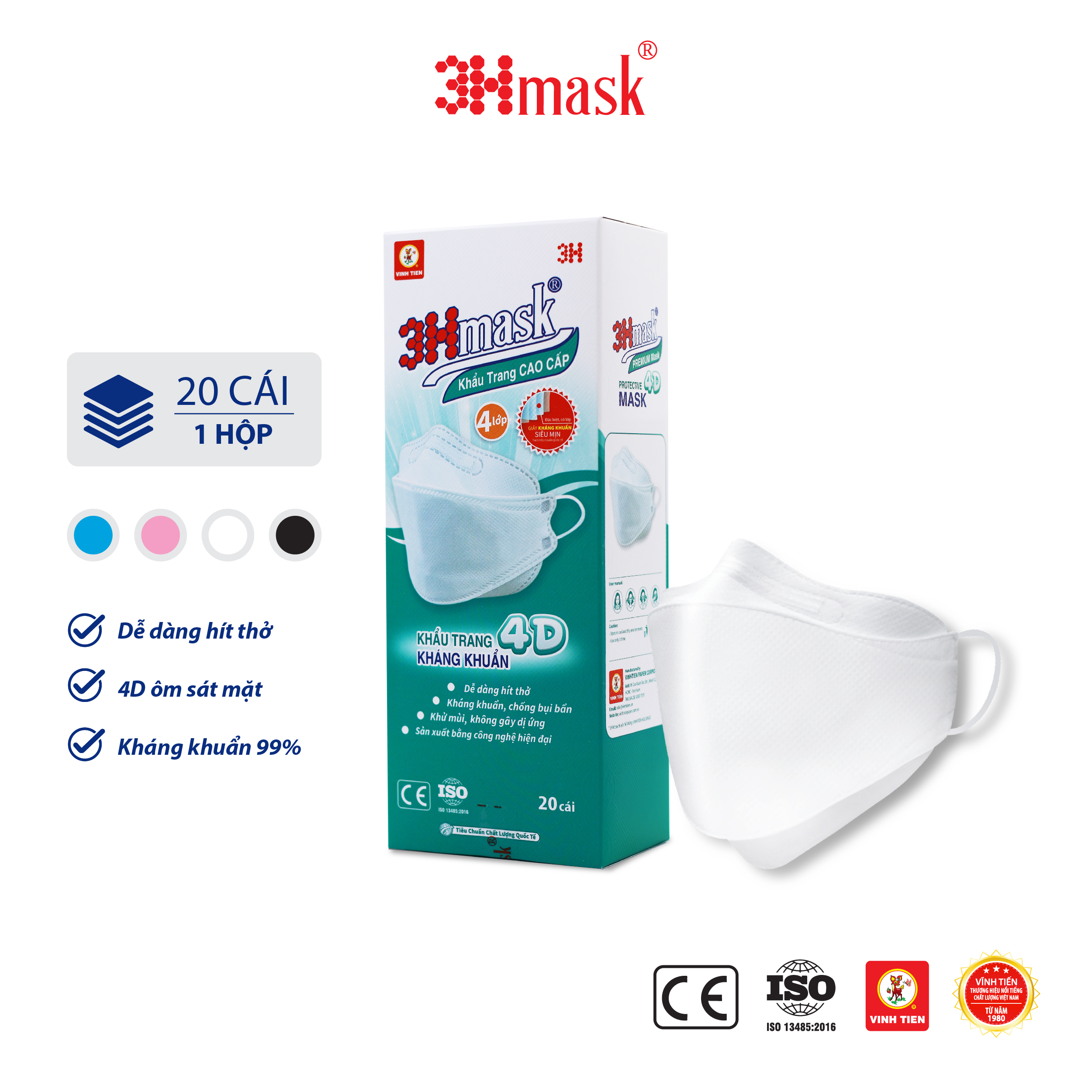 Khẩu Trang 3Hmask 4D Quai Tròn Trắng (20 cái) - Kháng Khuẩn Cao Cấp ôm khít mặt, không lem son