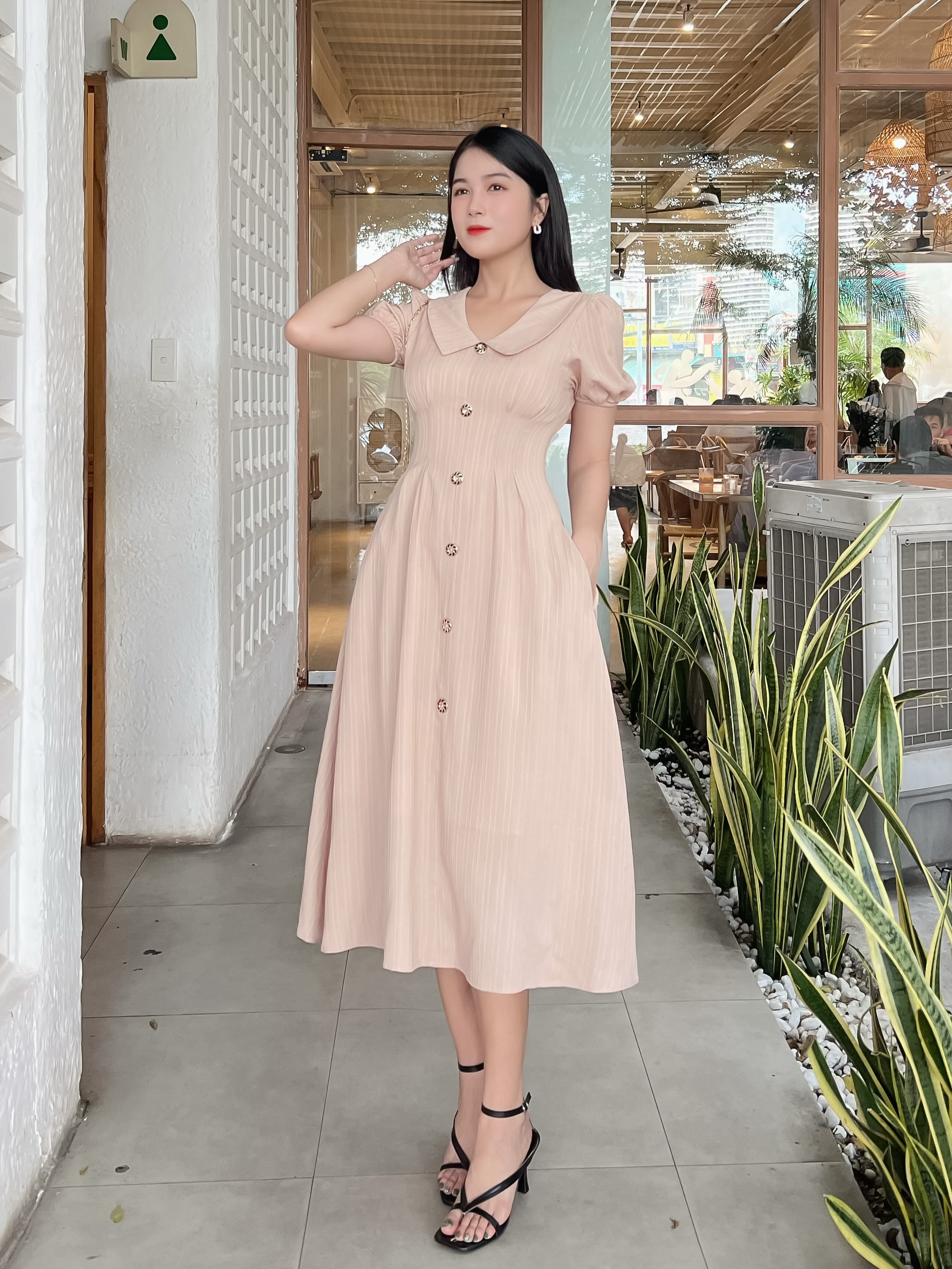 Đầm cổ sen phối nút cách điệu D088 - Khánh Linh Style - Ladyfashion