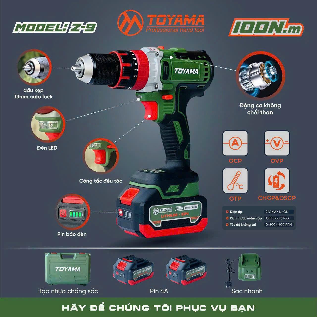MÁY KHOAN ĐỘNG LỰC 13MM DÙNG PIN 21V TOYAMA Z-9 - HÀNG CHÍNH HÃNG