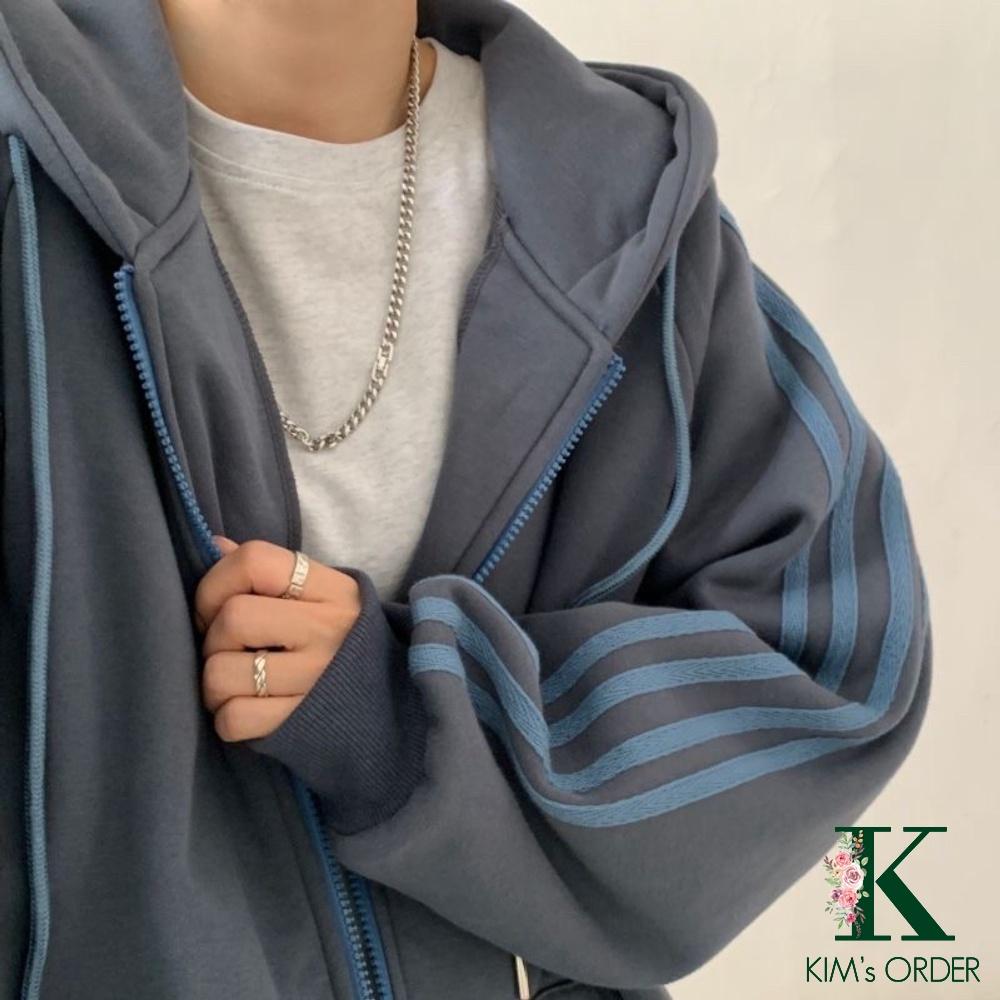 Áo khoác nỉ Hoodie nam nữ màu be hồng xanh xám dài tay có mũ kéo khoá phom rộng kiểu dáng sọc thể thao Ulzzang năng động