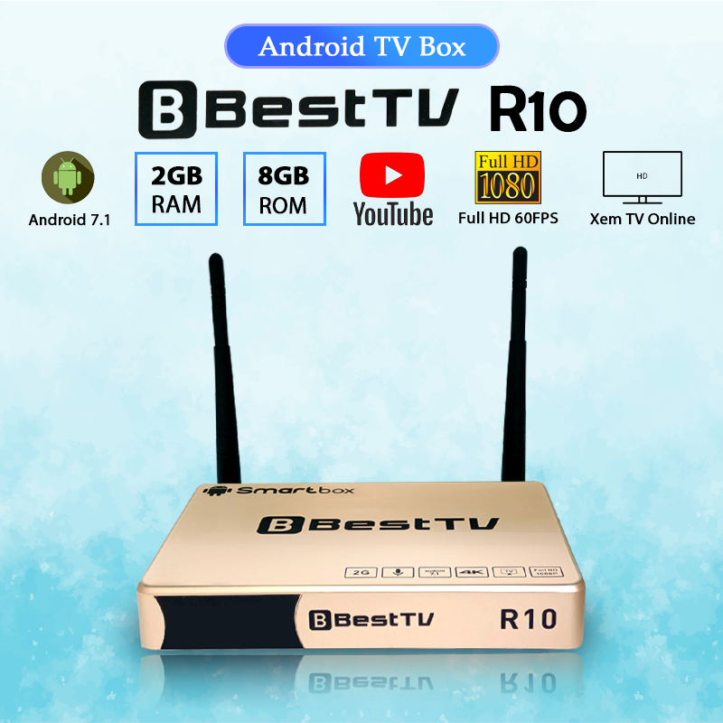 Android TV Box BestTV R10 RAM 2GB, ROM 8GB, chuẩn nén H.265, hỗ trợ độ phân giải Full HD 1080P, HĐH Android 7.1, HDMI 2.0, thao tác đơn giản, hỗ trợ kết nối Wifi, LAN, chuột không dây, bàn phím, sản phẩm dành riêng cho thị trường Việt Nam