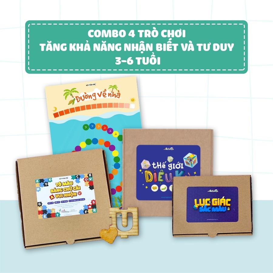 Combo 4 Đồ chơi Tăng nhận biết và tư duy 3-6 tuổi: Lục giác sắc màu, Rubik,Tô Màu,Đường về nhà