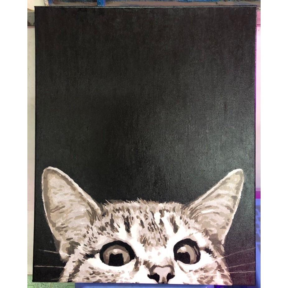 Tranh sơn dầu số hoá có khung - Tranh tô màu theo số mèo