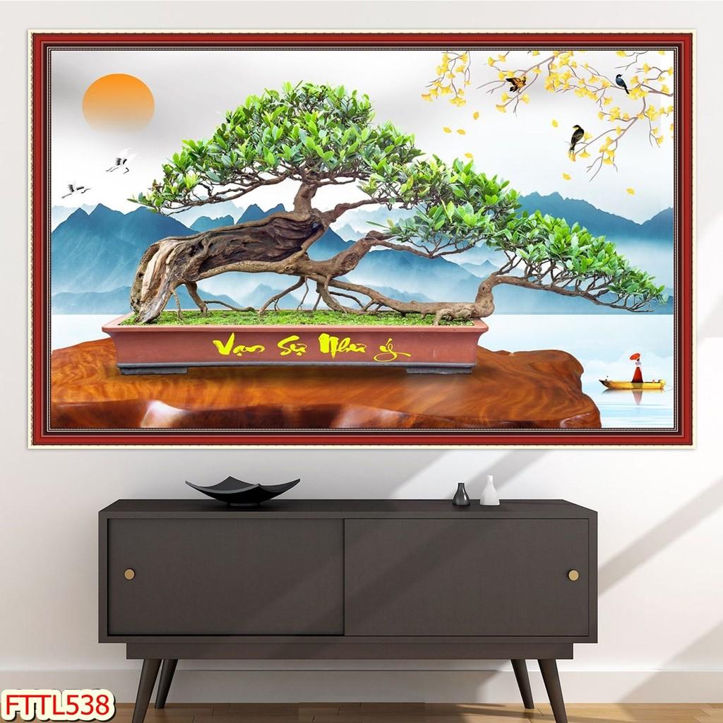 Tranh dán tường Tranh tết 2021 Tranh thư pháp Chậu Bonsai - hoa mai 3, Tranh dán tường 3d hiện đại