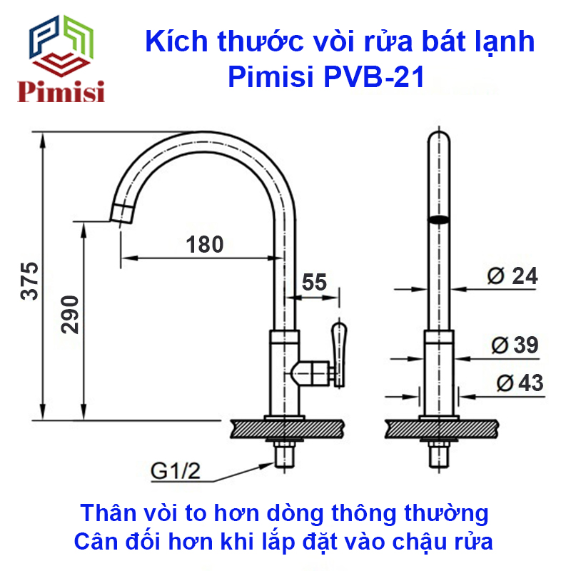 Vòi Rửa Chén Lạnh 1 Đường Nước Pimisi Đồng Thau Cao Cấp Mạ Xi Cr/Ni Sáng Bóng Cấp Nước Cho Chậu Rửa Bát 1-2-3 Hộc Trong Nhà Bếp Gắn Chậu Âm - Dương Bàn Đá Quay 360 Tăng Áp Kiểu Cổ Ngỗng Cần Cứng - Thân - Để To | Hàng chính hãng