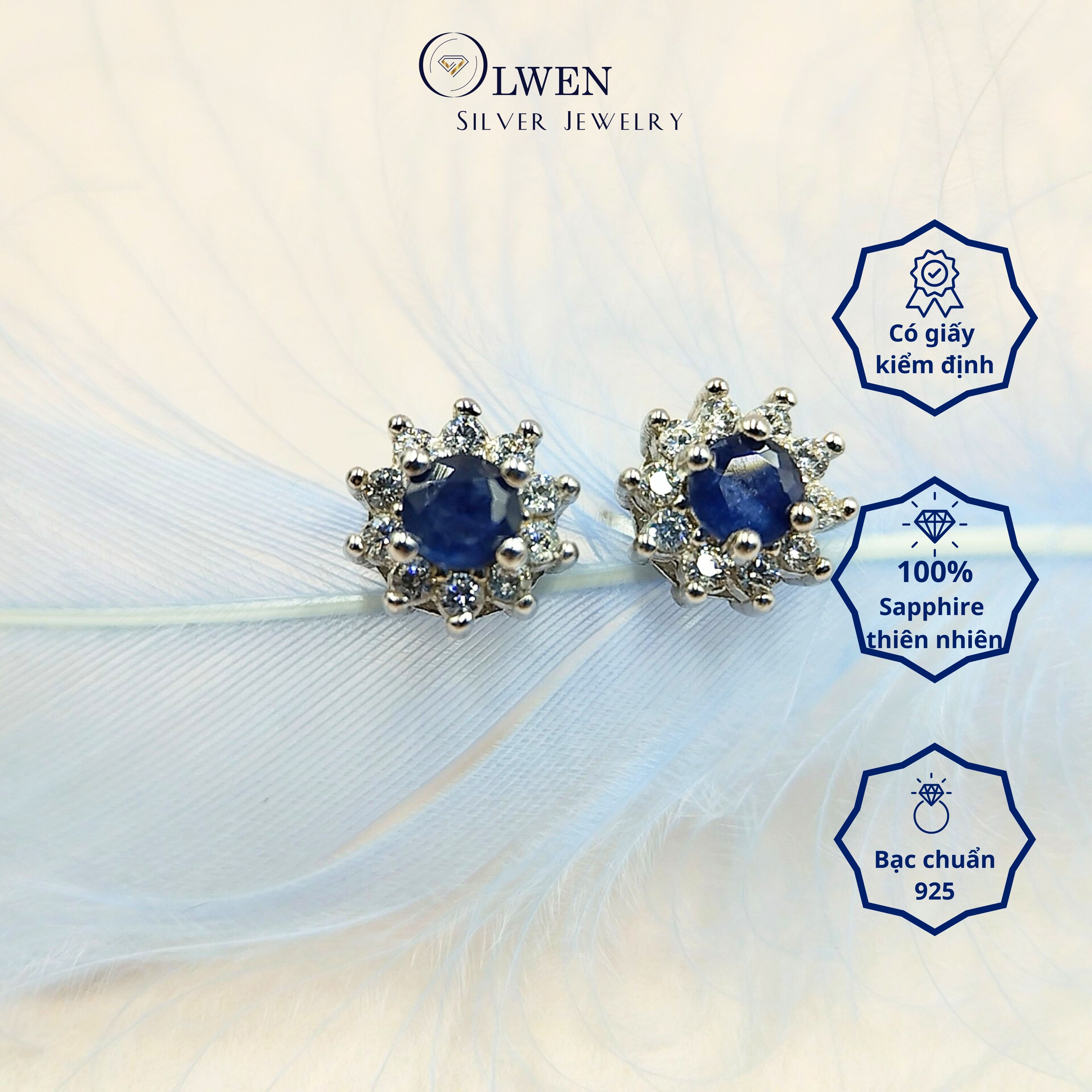 Đôi Bông Tai Nữ Bạc 925 Olwen Đính Đá Phong Thủy Sapphire