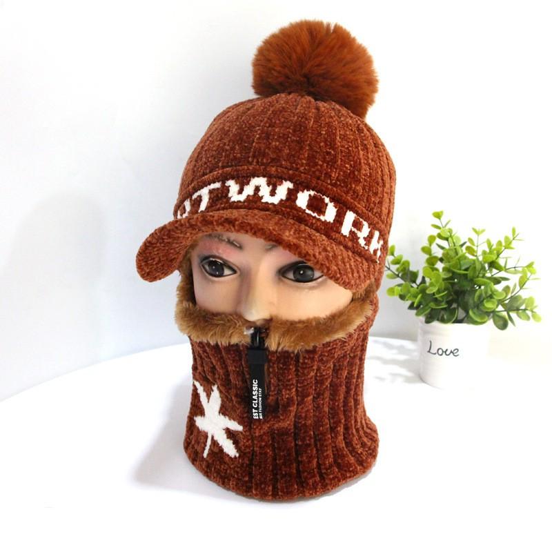 Mũ len nữ liền khăn cổ vải nhung lót lông bên trong cực ấm quả bông chìa mũ chống nắng hanh mùa đông