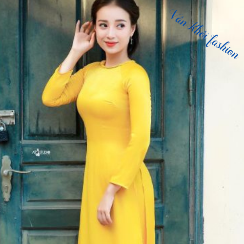 Áo dài truyền thống áo dài cổ tròn đính nút cổ dễ thương màu vàng tươi_Minchu