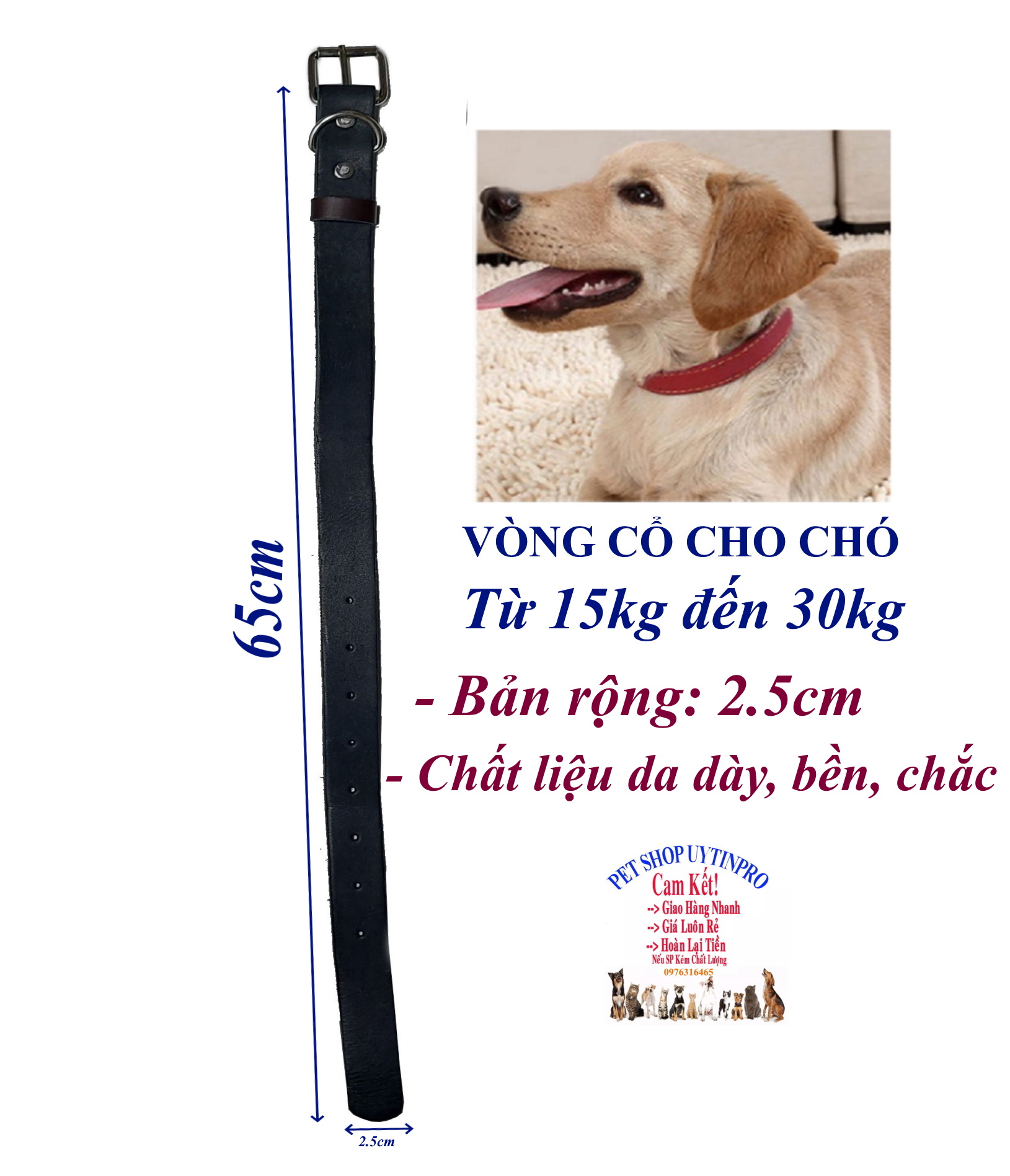 Vòng cổ da cho Chó từ 15kg đến 30kg Bản rộng 2.5cm Chất liệu da dày, bền đẹp, Chắc chắn, An toàn cho Thú cưng