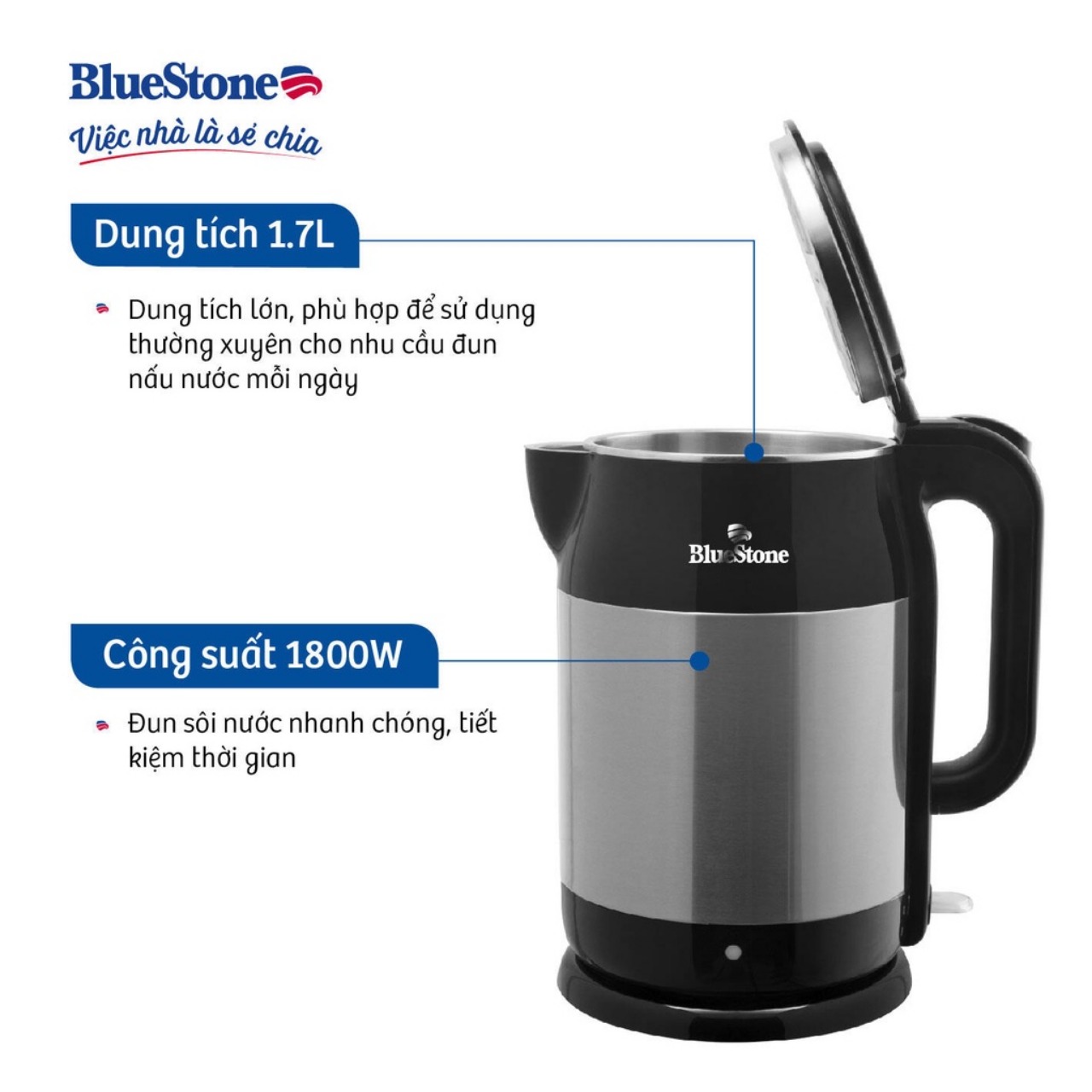 Ấm Đun Siêu Tốc BlueStone KTB-3468, 1.7Lit -1800w, 2 Lớp giữ nhiệt sang trọng, Hàng chính hãng