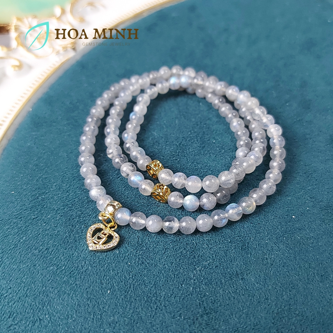Vòng tay chuỗi 108 hạt đá xà cừ Labradorite Hắc Nguyệt Quang tự nhiên phối charm kim tiền, trái tim ổ khóa đính đá