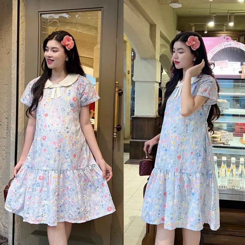 Đầm bầu thêu hoa cổ sen đính nơ form đuôi cá trẻ trung diện đi làm, đi tiệc, đi chơi đều xinh - Xanh