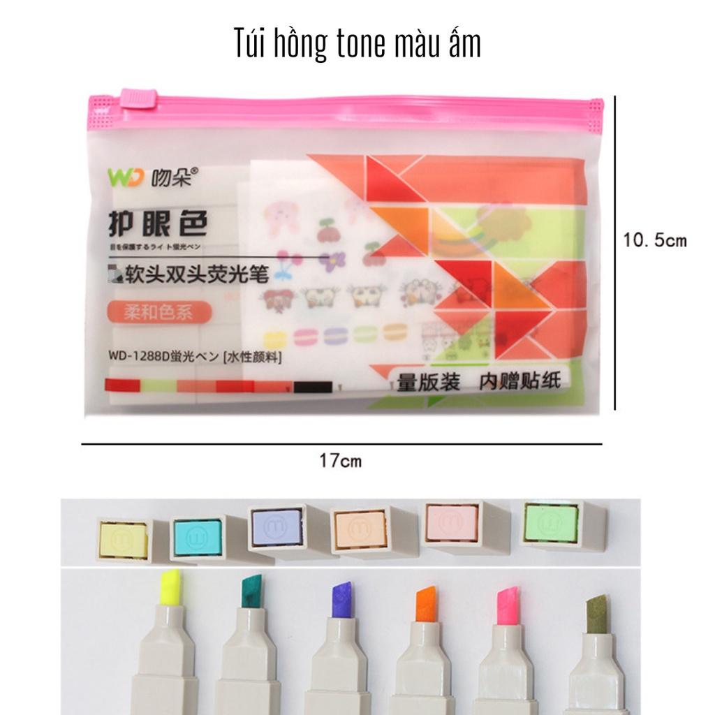 Túi 6 bút dạ hai đầu Morandi xinh xắn - bút đánh dấu highlight nhiều màu LIGHTCOLOR tặng kèm sticker ST485