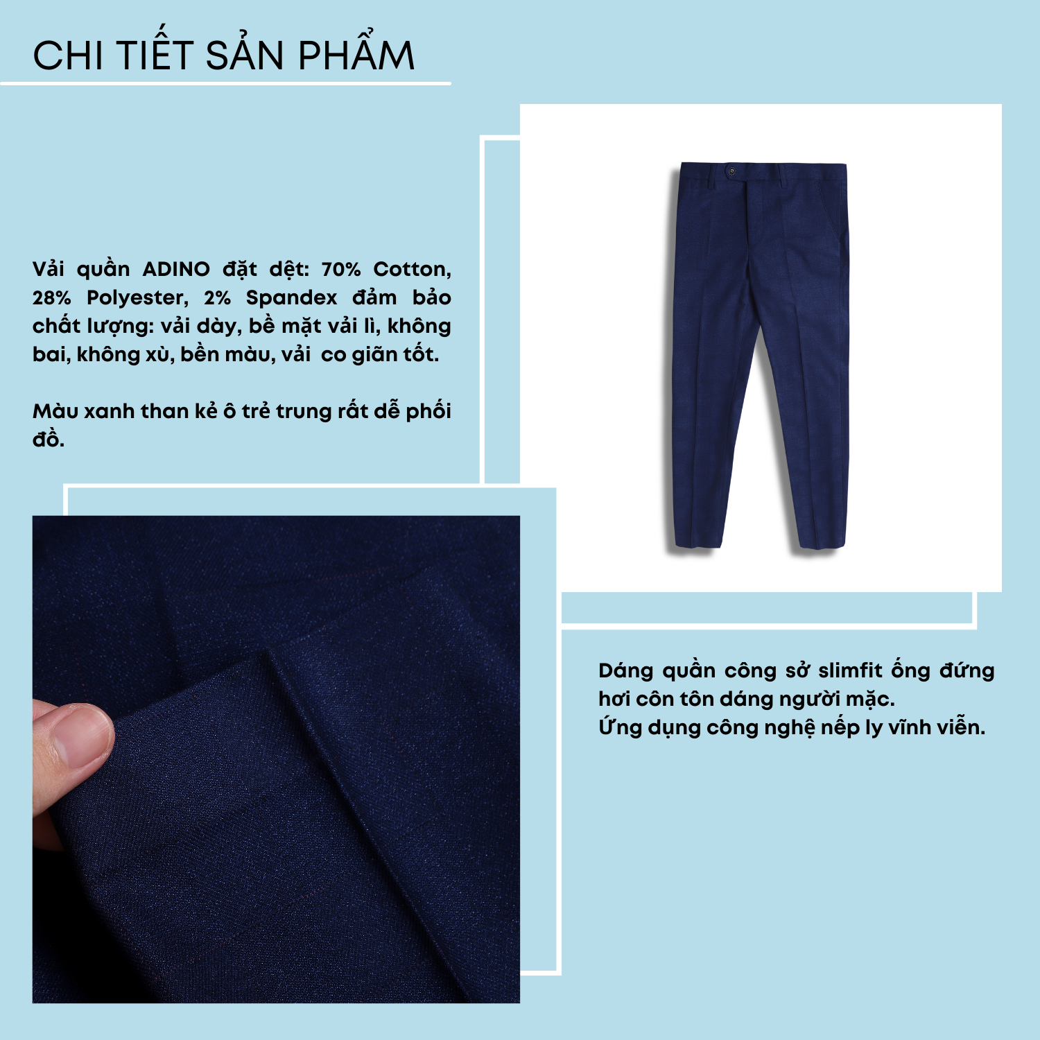 Quần âu công sở nam màu xanh than kẻ ô ADINO vải cotton không bai xù dáng slimfit trẻ trung QA94