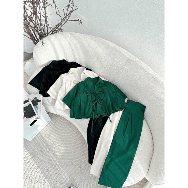 SET ÁO CROPTOP TAY NGẮN FROM RỘNG XẾP LY CỘT NƠ MIX CHÂN VÁY DÀI XẺ SAU CỰC HOT CHO CÁC NÀNG SANG CHẢNH