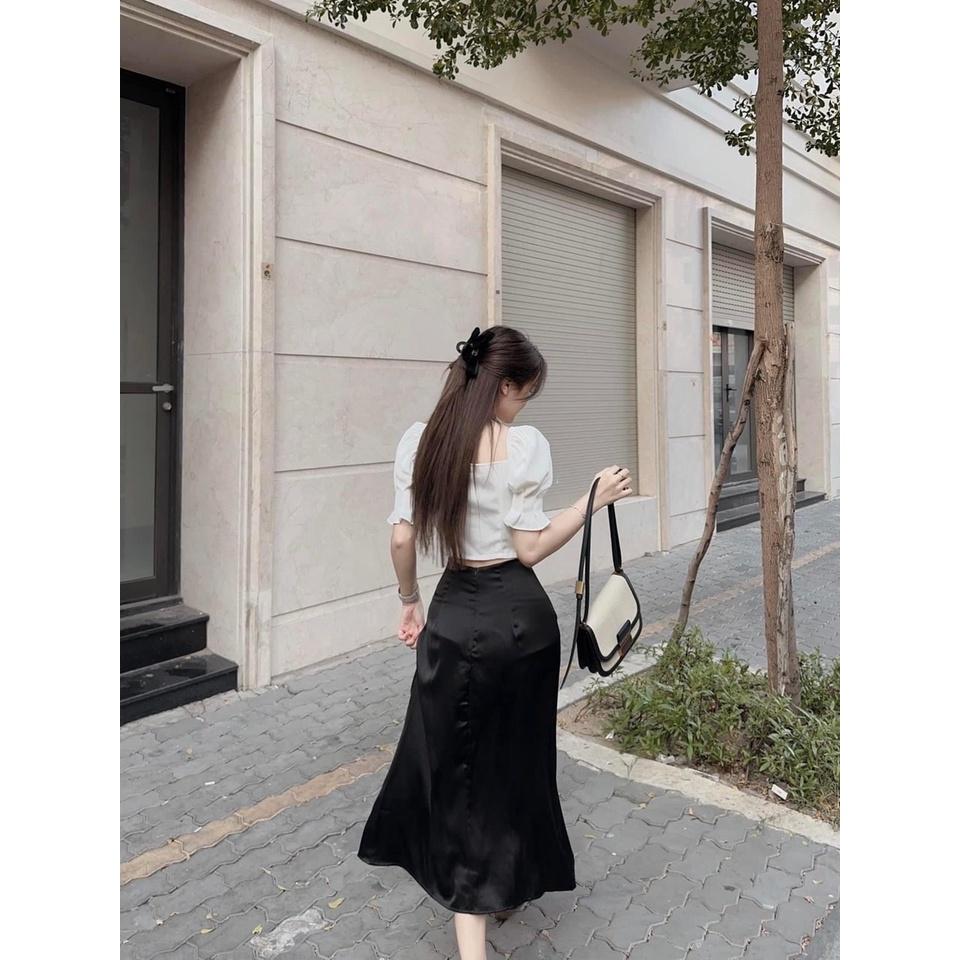 SET ĐI CHƠI, SET 2 MÓN ÁO CROPTOP CỔ VUÔNG TAY NGẮN PHỒNG PHỐI CHÂN VÁY DÀI XẺ CỰC SANH CHẢNH - áo trắng váy đen
