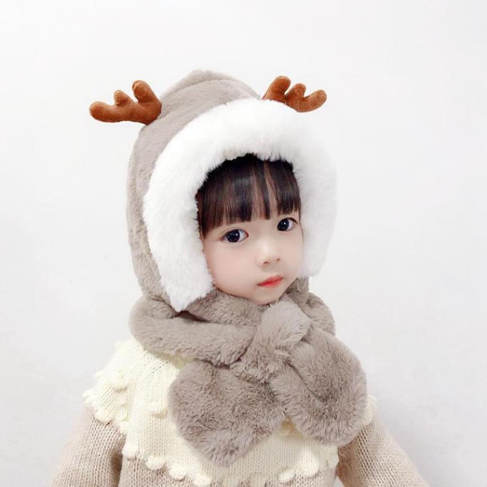 Mũ lông giữ ấm màu trơn kèm khăn choàng cổ hình sừng hươu phong cách Hàn Quốc dễ thương cho bé AARON1