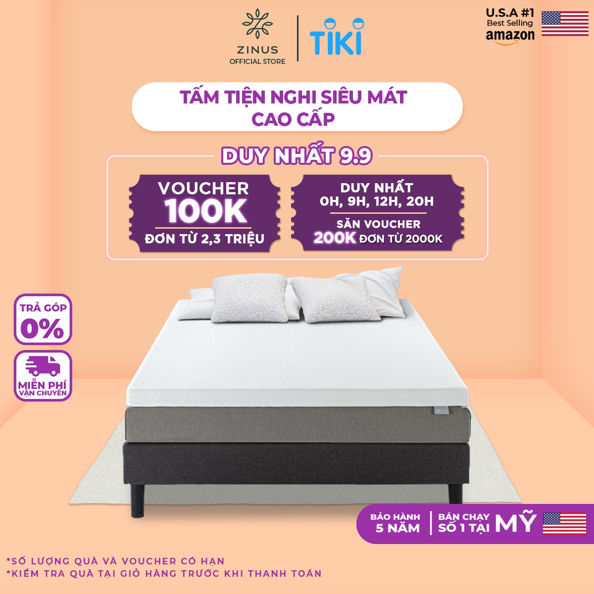 Topper Zinus Memory Foam Siêu Mát Bọc Vải Giảm Nhiệt - 2 Inch Ultra Cool Gel Memory Foam Mattress Topper with Cooling Cover