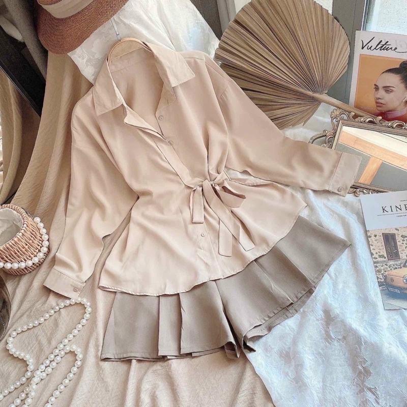 SET SƠ MI THẮT THẮT NƠ EO + CHÂN VÁY XẾP LY