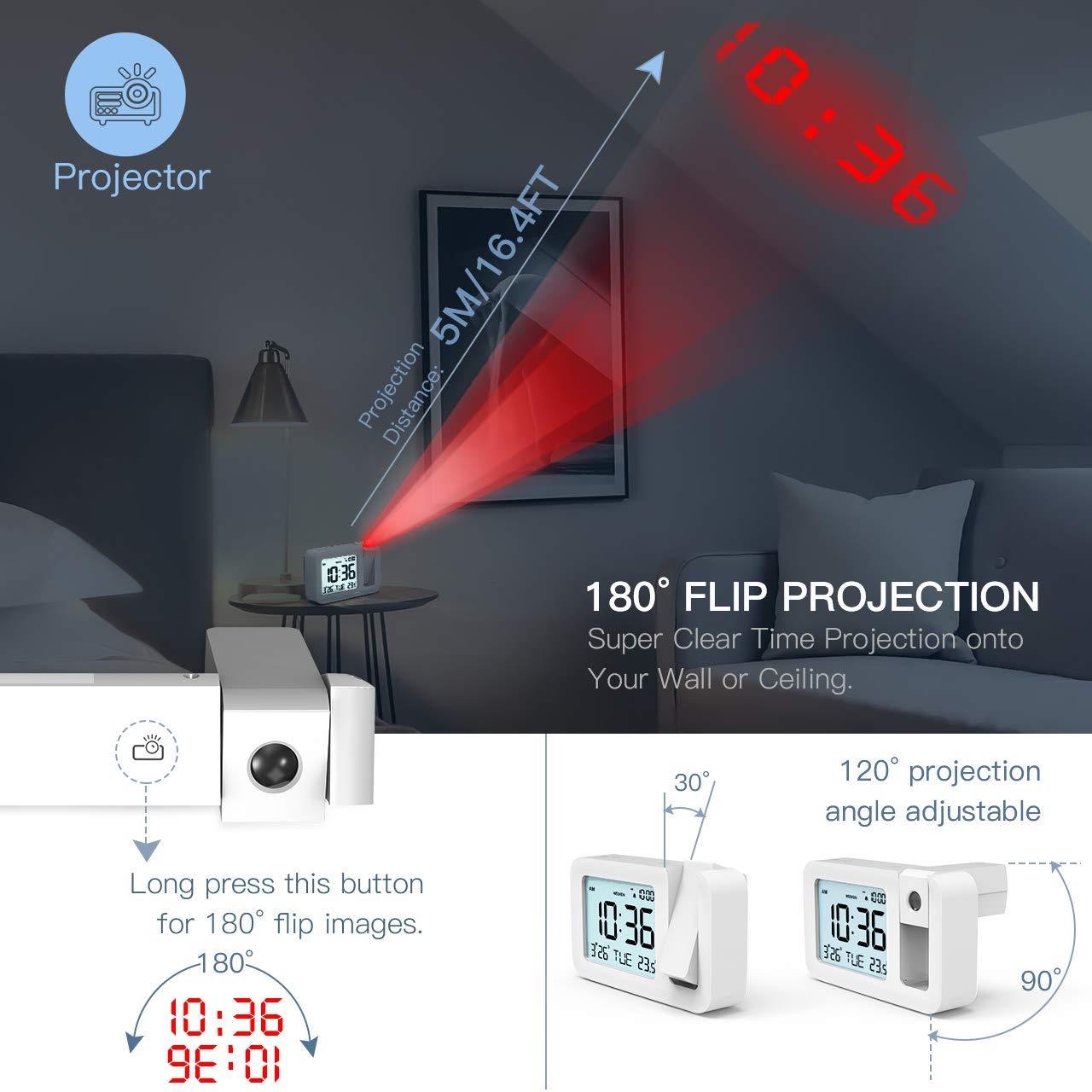 Đồng hồ báo thức chiếu, Đồng hồ bảng báo thức du lịch Đồng hồ bàn 3,8 "màn hình LCD, số lượng lớn, 4 độ sáng, Snooze 9 phút, 2 tông màu báo động, cho phòng ngủ, văn phòng, nhà bếp