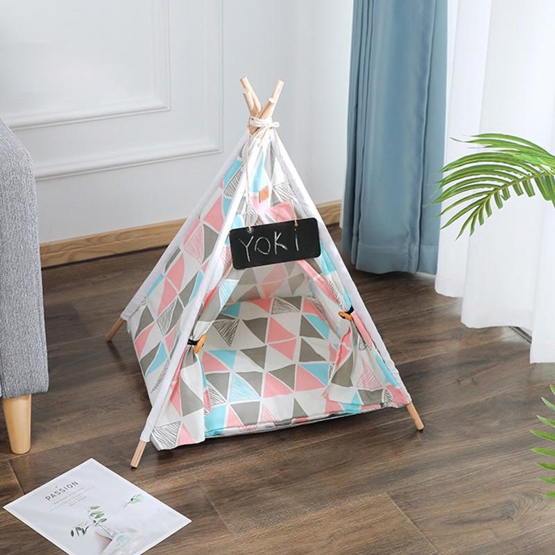 Nhà cho thú cưng chiếc lều phong cách Bohemian gồm khung gỗ tự nhiên kèm vải canvas nhiều màu sắc