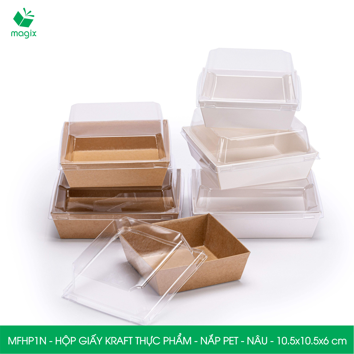 Combo 25 hộp giấy thực phẩm nắp Pet, hộp giấy đựng thức ăn, hộp bánh nắp trong