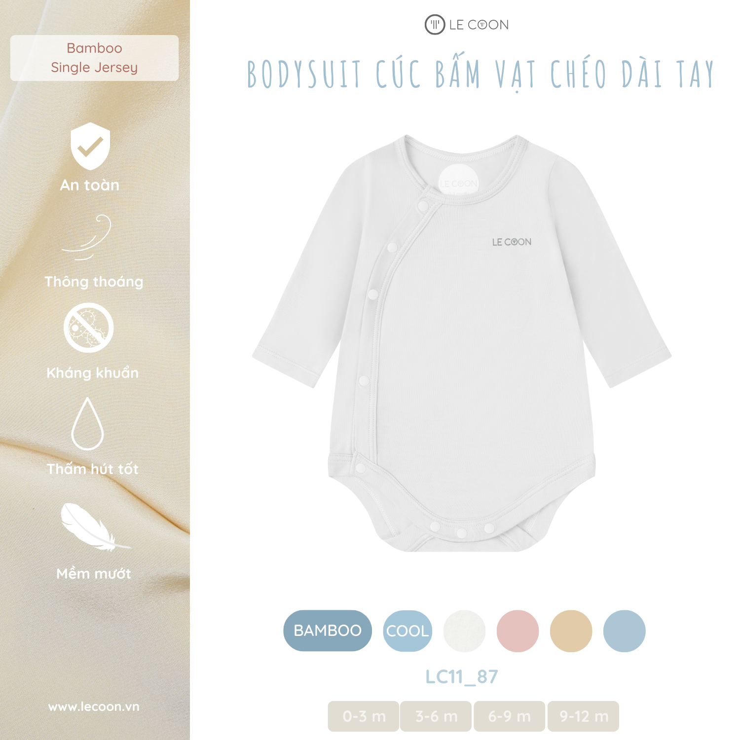 LE COON | Bodysuit Cúc Bấm Vạt Chéo Dài Tay | Vải COOL Mỏng Mát | 0-12 tháng