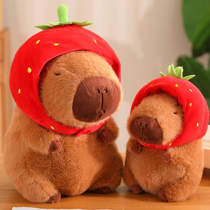 Thú nhồi bông capybara đội mũ dâu tây đáng yêu - Size từ 35cm đến 85cm - Quà tặng gấu bông capybara mang balô dâu tây trên lưng - Gối ôm chuột lang dễ thương cho bé