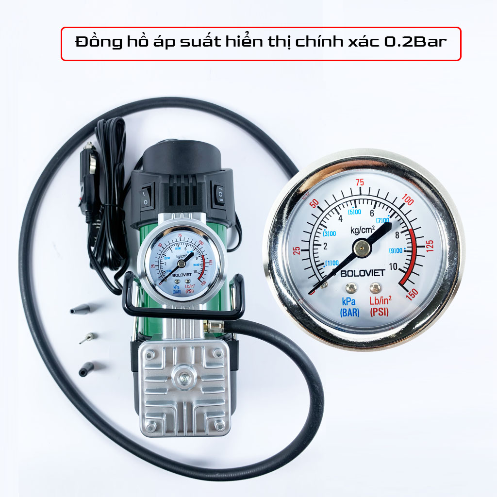 Máy bơm lốp mini Boloviet B100, Bơm lốp ô tô, xe máy, xe đạp sử dụng điện 12v - Bảo hành 12 tháng