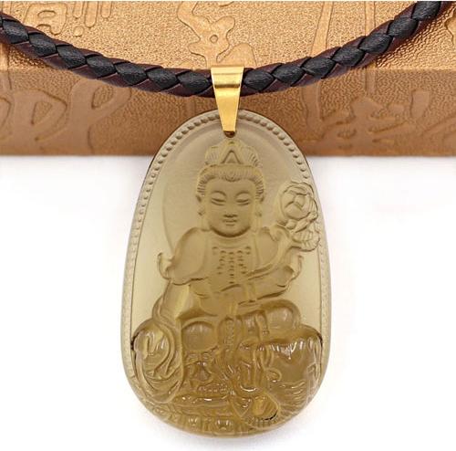 Vòng cổ dây da Bồ Tát Phổ Hiền đá Obsidian 5cm - phật bản mệnh tuổi Sửu, tuổi Dần