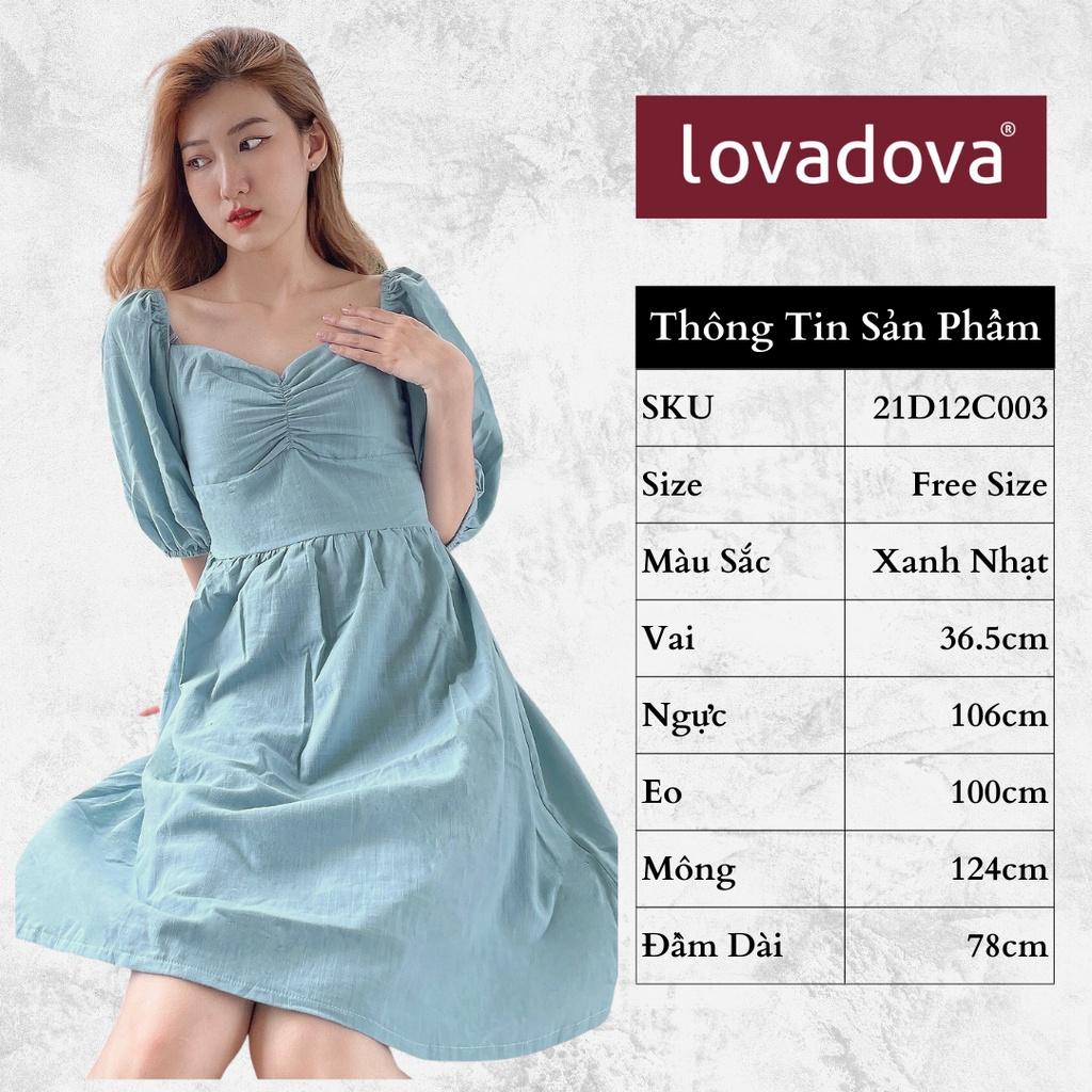 Đầm Dáng Xòe, Dài Tay, Cách Điệu Nhún Ngực, Eo, Tay Áo, Màu Xanh Nhạt - Lovadova 21D12C003