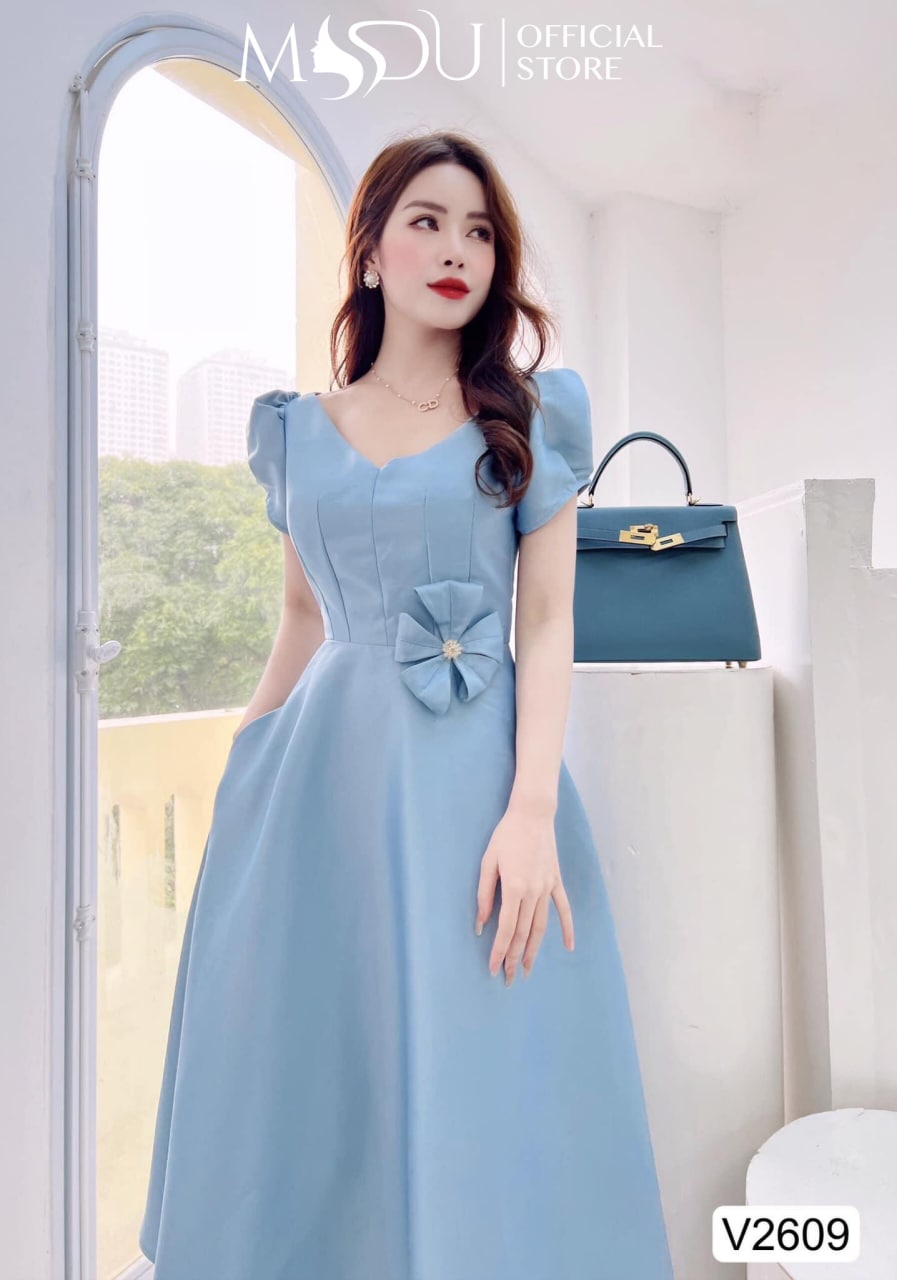 Váy đầm chất chất tafta xanh ngọc cổ V dáng xòe  V2609 - Glady design [kèm ảnh thật