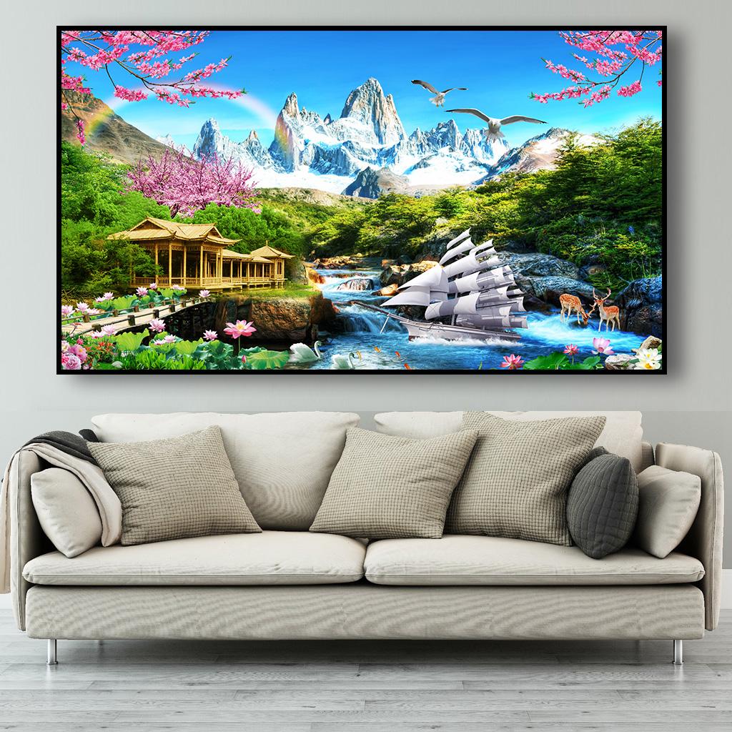 Tranh Canvas Trang Trí Sơn Thủy Ngọn Núi Tuyết Và Dòng Sông – (PC-012
