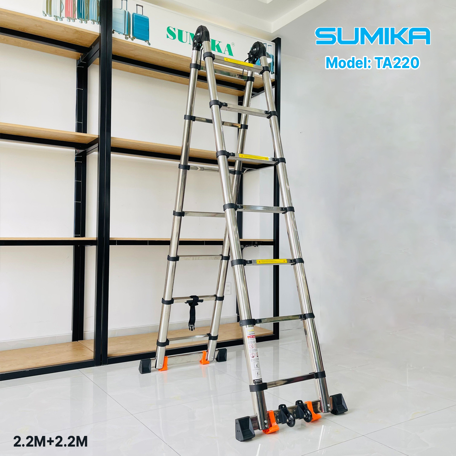 Thang Inox rút đôi SUMIKA TA220 - rút chữ A cao 2.2m, rút chữ I cao 4.4m, tải trọng 300kg