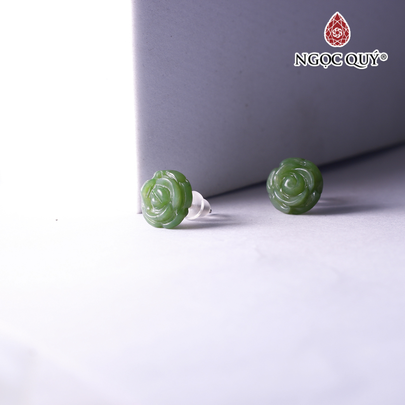 Bông tai bạc hoa hồng đá ngọc bích nephrite mệnh hỏa, mộc - Ngọc Quý Gemstones