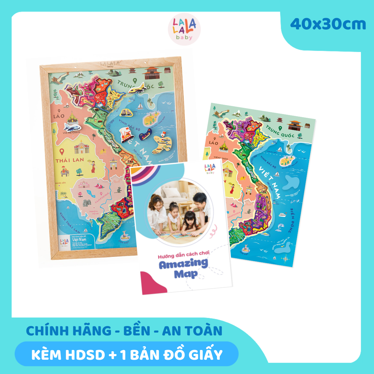 Bộ Lắp Ghép Bản Đồ Việt Nam bằng gỗ Cao Cấp thương hiệu Lalala Baby, Made in Việt Nam. Kích thước LỚN 40x30cm. BẢO HÀNH 6 THÁNG. LỖI 1 ĐỔI 1