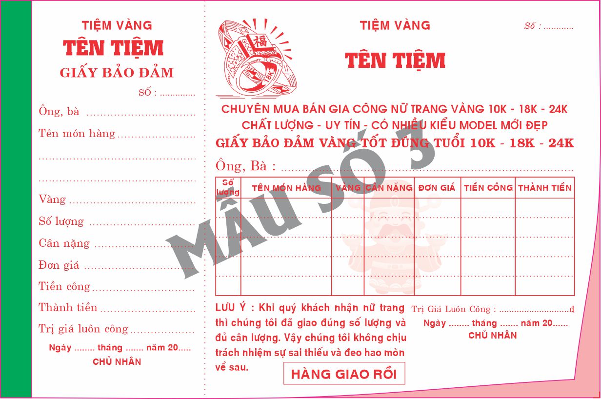 Giấy bảo đảm tiệm vàng 2 liên-block 10-chọn mẫu in tên