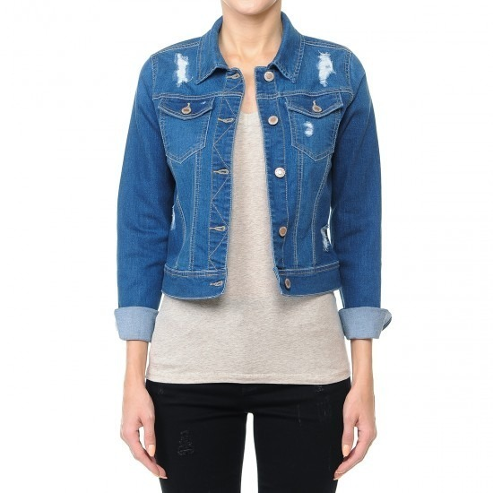 Khoác Jeans Cropped denim jacket W/x Jeans dành cho Nữ. Chất jeans mềm, co giãn thoải mái. K Nón,Xanh dương rách vai. - M