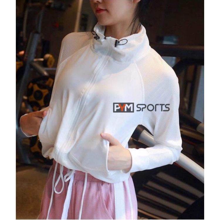 Áo khoác nữ tay lưới PYMSPORT - PYMAT001 áo khoác kiểu bomber, thoáng mát, mặc tập gym, thể thao, 2 màu trắng đen