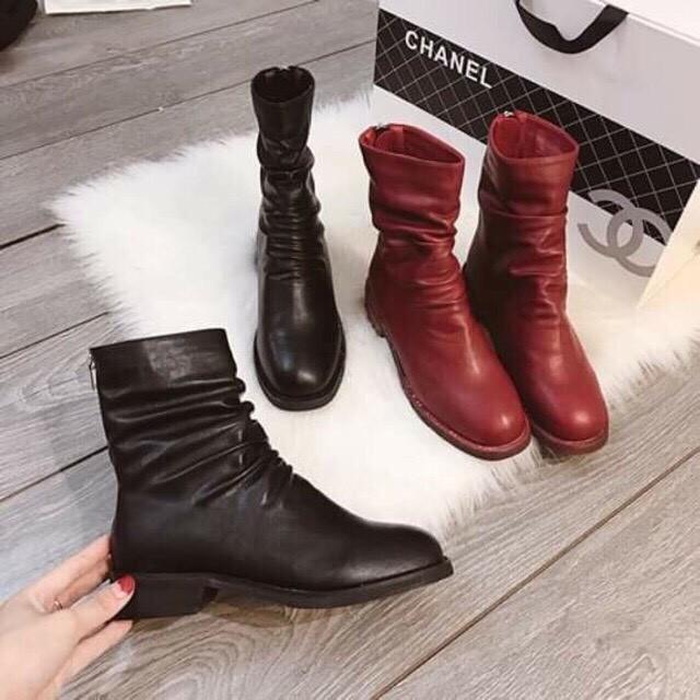 Bốt boot ulzzang da nhăn cổ lửng hot trend 2 màu đen -kem